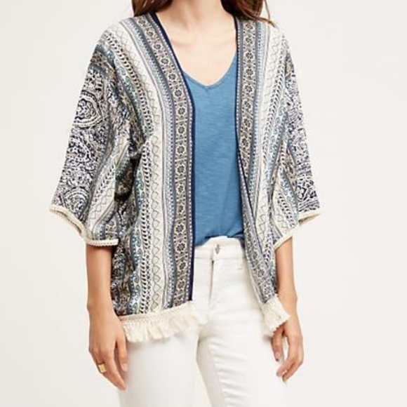 Anthropologie Roffe | Boho Blue Patterned Kimono Cardigan Fringe Hem One Size - Picture 2 of 8